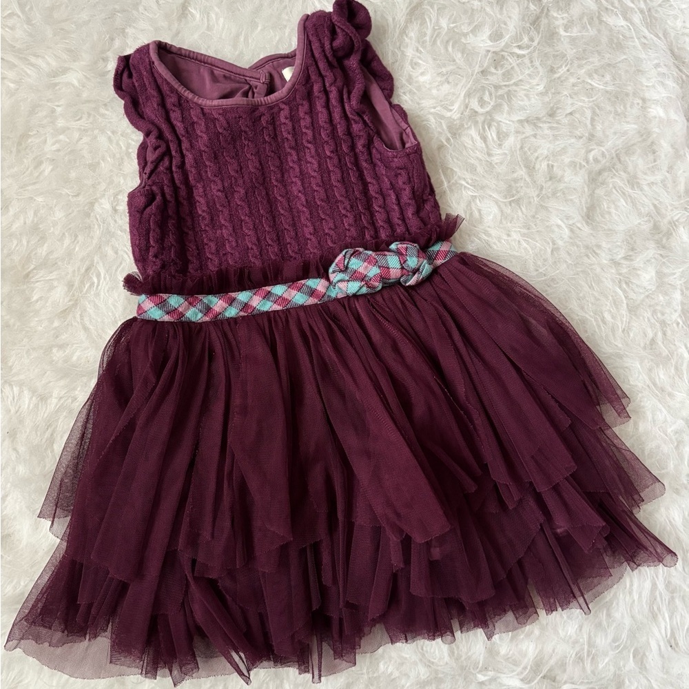 Matilda Jane Plum Knit Bodice Tulle Dress with Plaid Belt